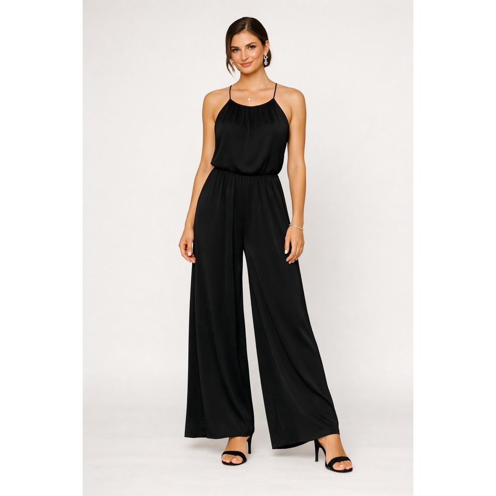 Halter Wide Leg Jumpsuit Womens Small‎ Black Fluid Open Back Modern Cocktail NEW